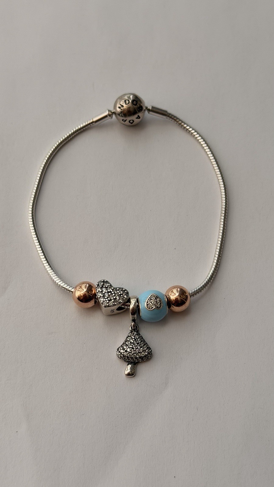 AUTHENTIC PANDORA 925 STERLING SILVER SNAKE CHAIN BRACELET WITH 5 CHARMS