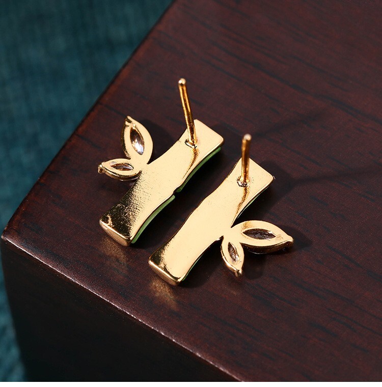 Jade Crystal Stud Earrings Bohemian Minimalist Bamboo 18K Gold Plated Gemstone