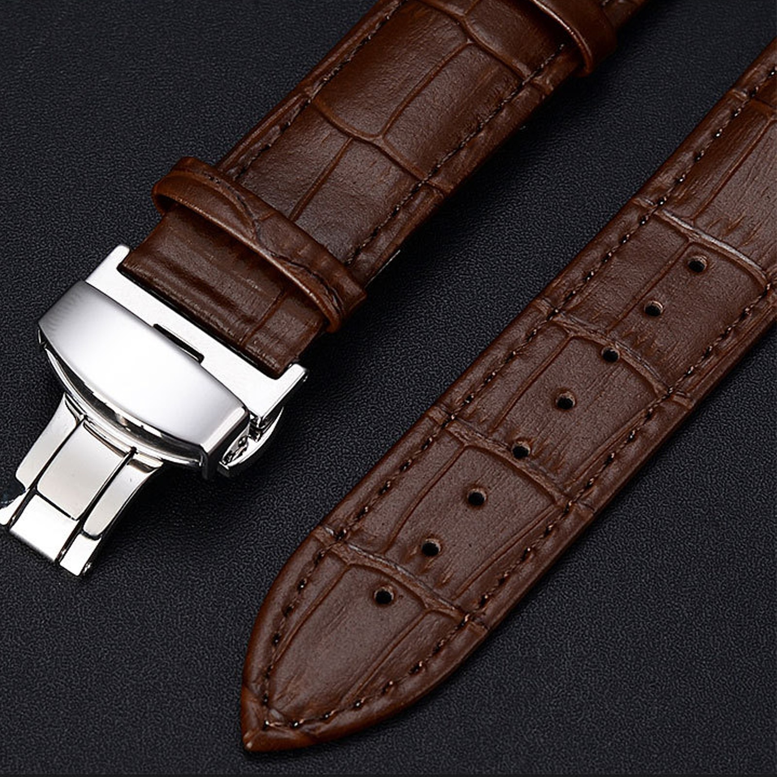 Curved End Leather Watch Band Bracelet Strap Replacement Deployment Clasp Buckle