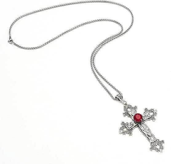 Large Gothic Cross Pendant Necklace with Red Glass Stone for Men Women