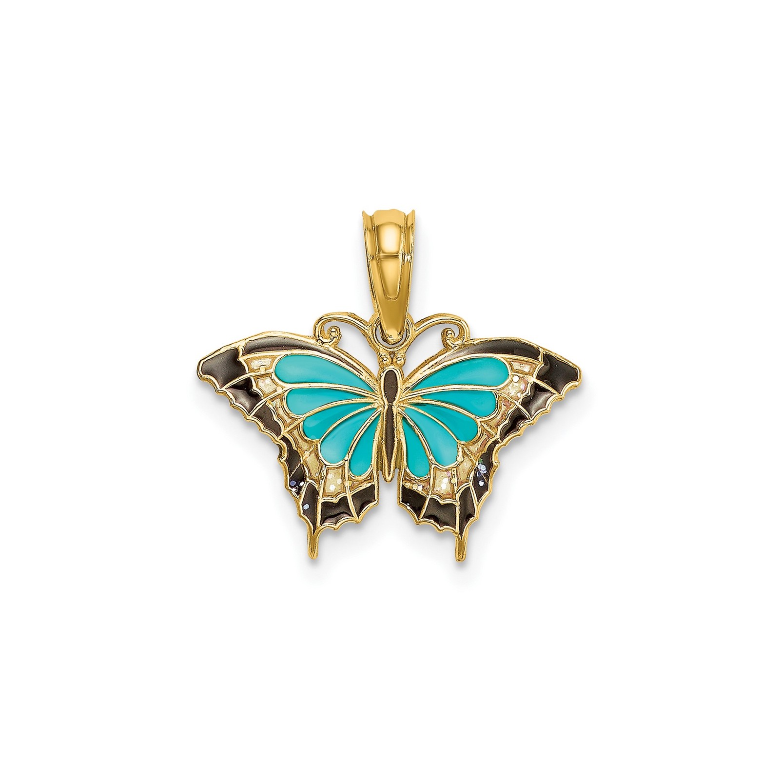 10K Yellow Gold Solid Butterfly Pendant Charm with Turquoise Black Enamel