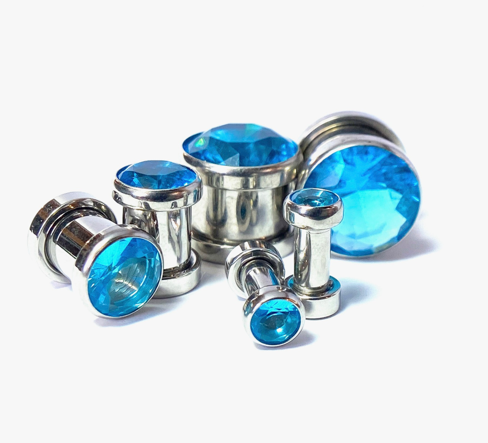 PAIR Large Aqua Blue Gem Screw Fit Tunnel Plug Gauge Body Jewelry Piercing