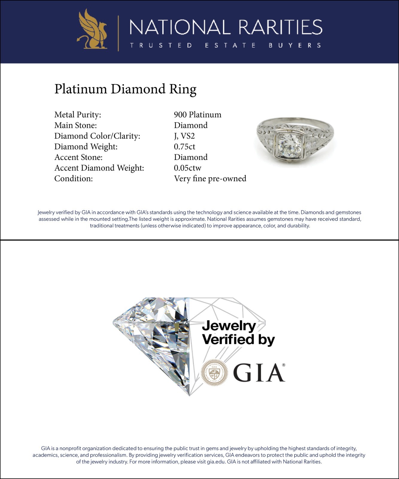 Art Deco Die Struck 950 Platinum .80ctw Diamond Sz 6.25 ring #E170399-1