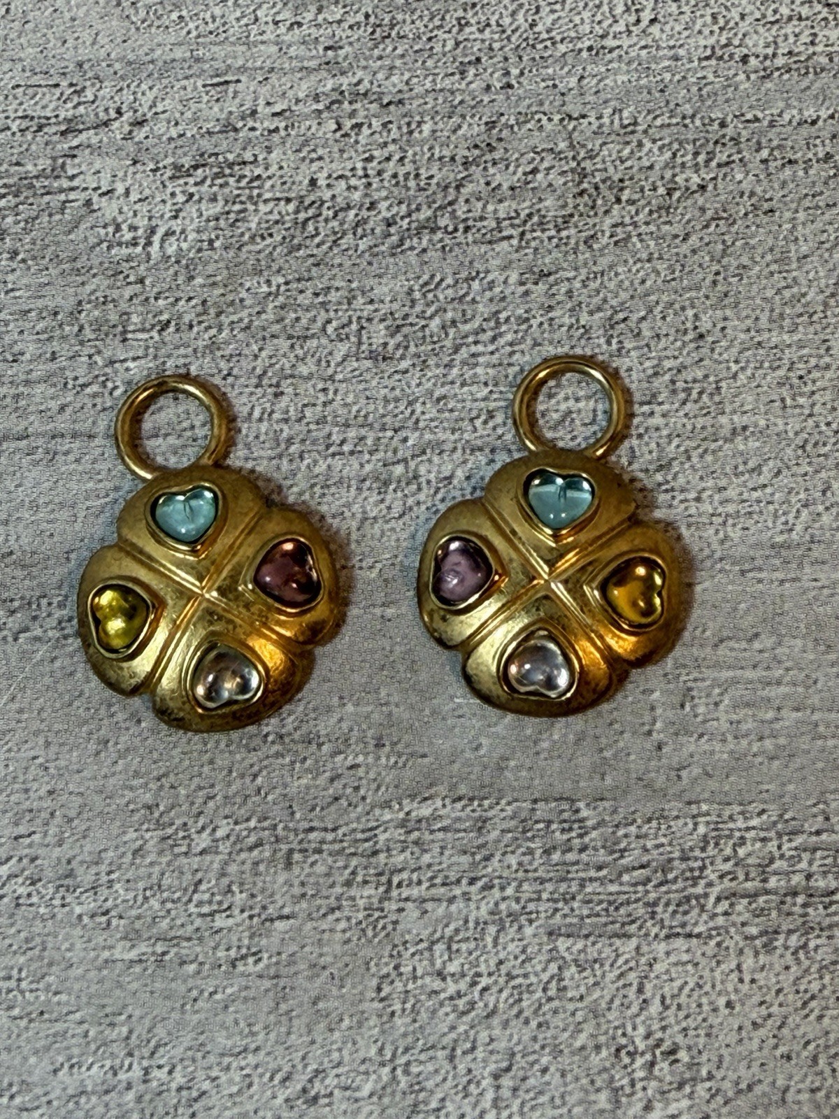 Vintage Krementz Gold Tone Four Heart Clover Charms Pair Pastel Colors