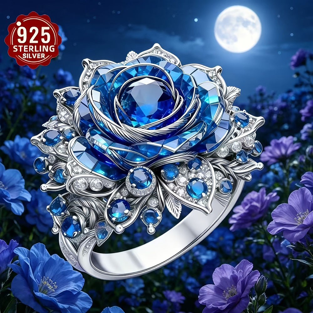 Elegant Three-Dimensional Hypoallergenic Sparkling 925 Silver Blue Rose Ring Set