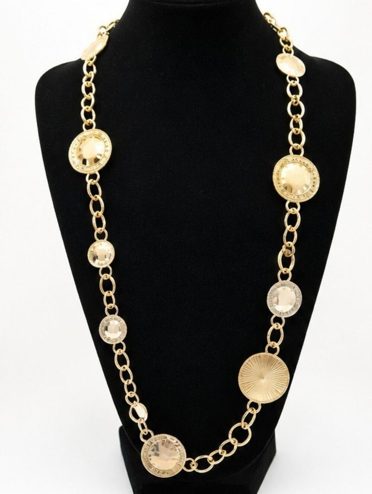 Chico’s Long Gold Tone Hammered Station Necklace 33″ Statement Layering Necklace