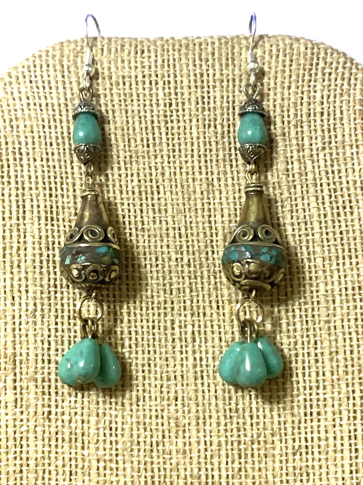 NEW ITEM* HANDCRAFTED NEPAL BEAD &TURQUOISE EARRINGS*-.925 STERLING EAR WIRE-NEW