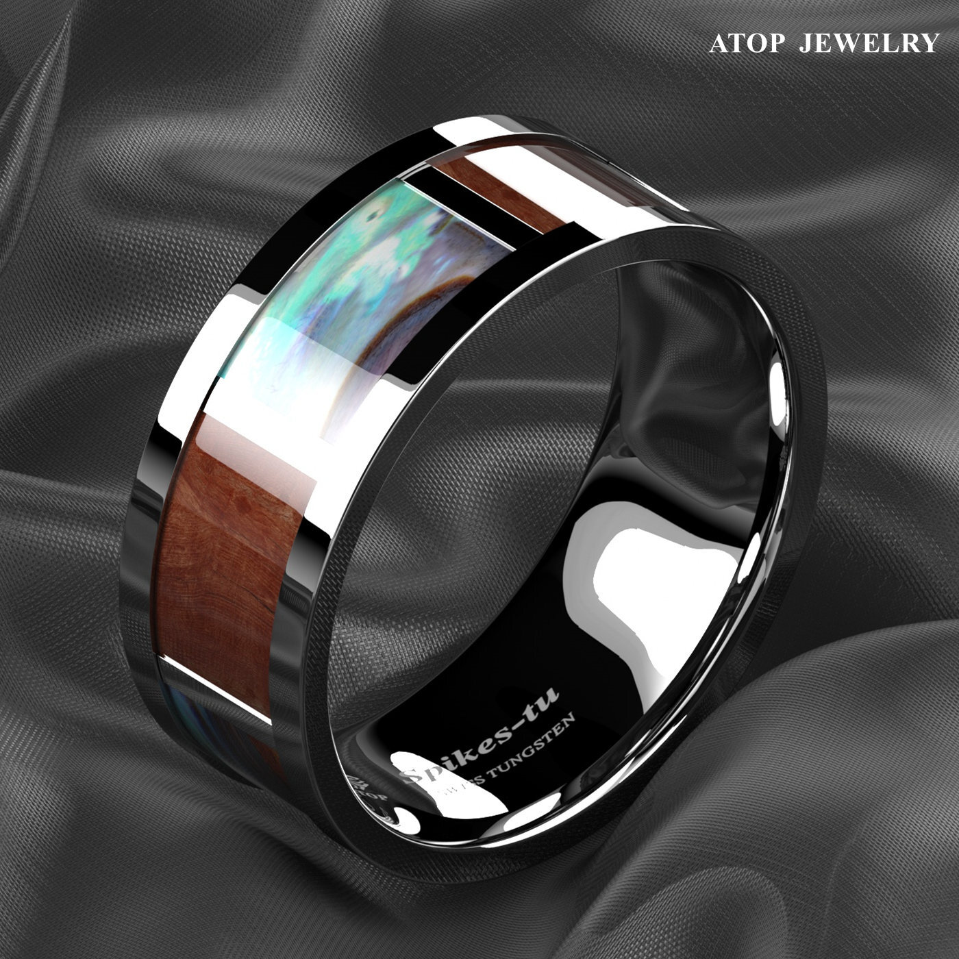 ATOP Men Silver Tungsten Wedding Ring Real Wood Abalone Shell for Beach Memories