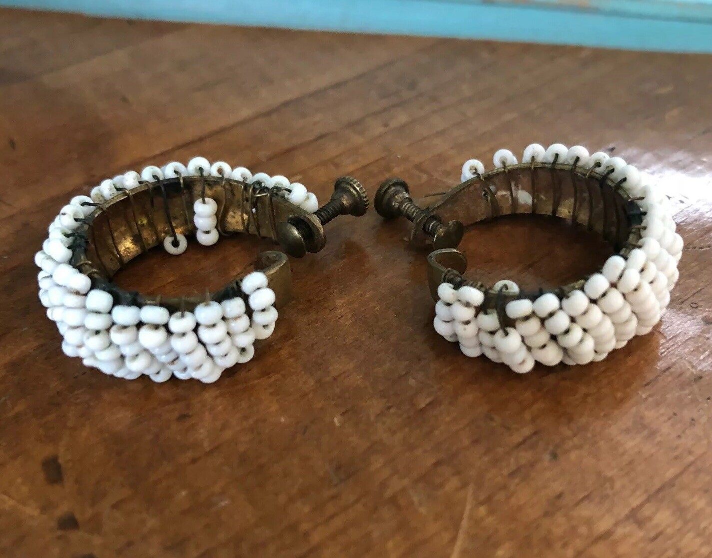 Vintage White Beaded Screwback Hoop Wire Wrapped Earrings