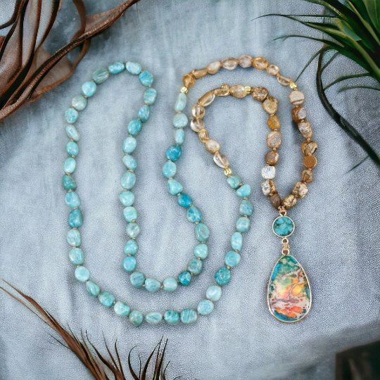 Amazonite Citrine And Picture Jasper Beads Necklace Colourful Teardrop Pendant