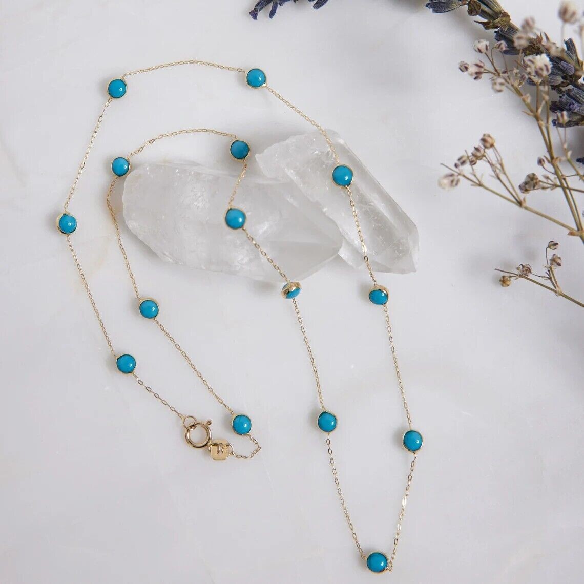 1Ct Lab-Created Turquoise Station Necklace Bezel Set in 14K Yellow Gold Finish