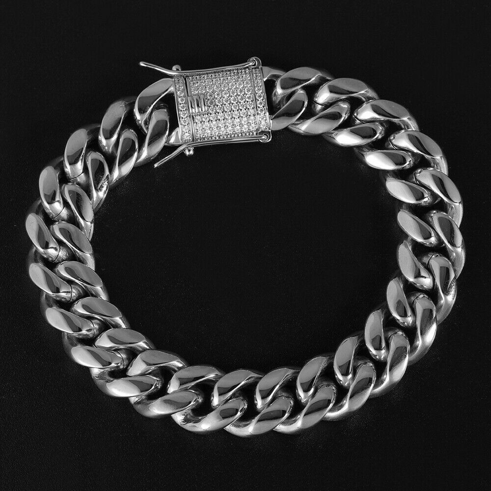 Men’s Bracelet 316L Stainless Steel Miami Cuban Link Chain Hip Hop Iced CZ Clasp