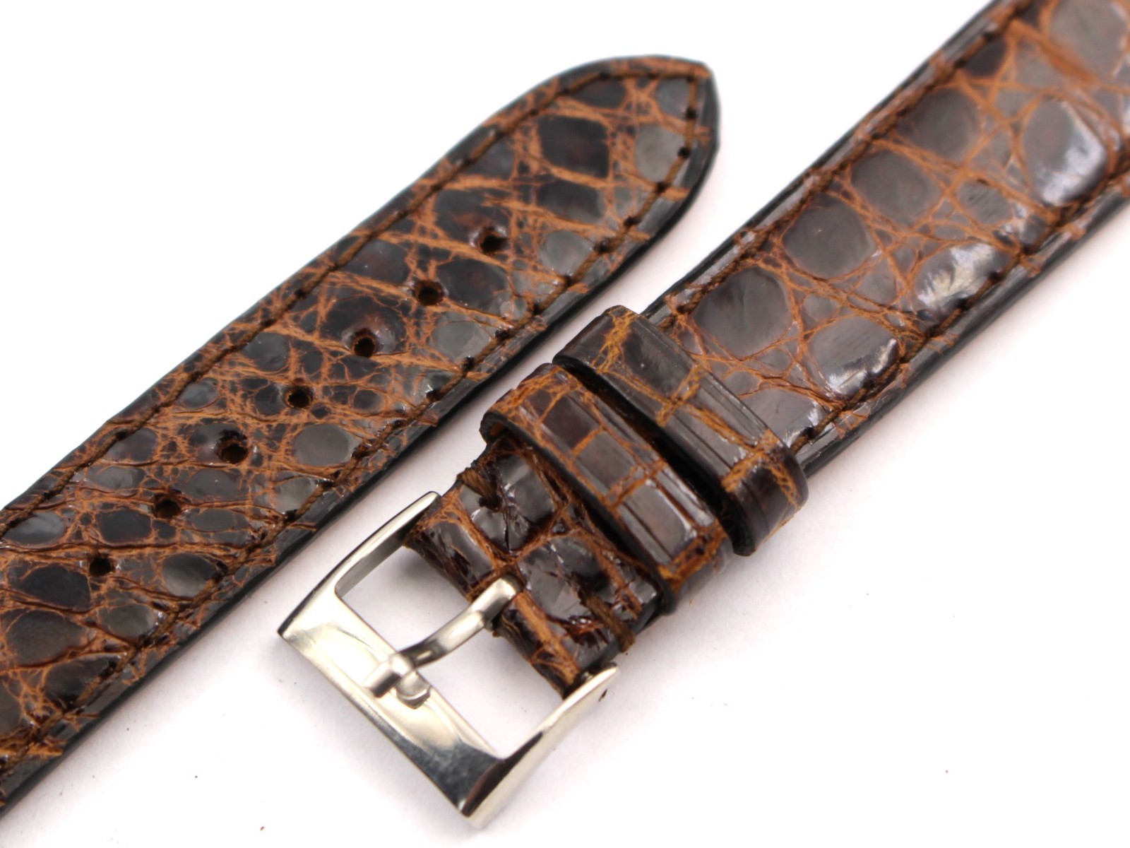 Genuine Crocodile Leather Strap Shiny Brown 18/16mm Steel Buckle New Top