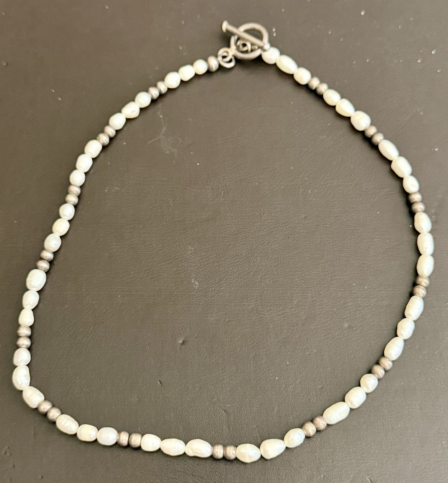 Sterling Silver 925 White Pearl Beaded Necklace 16”, Toggle Clasp, Signed