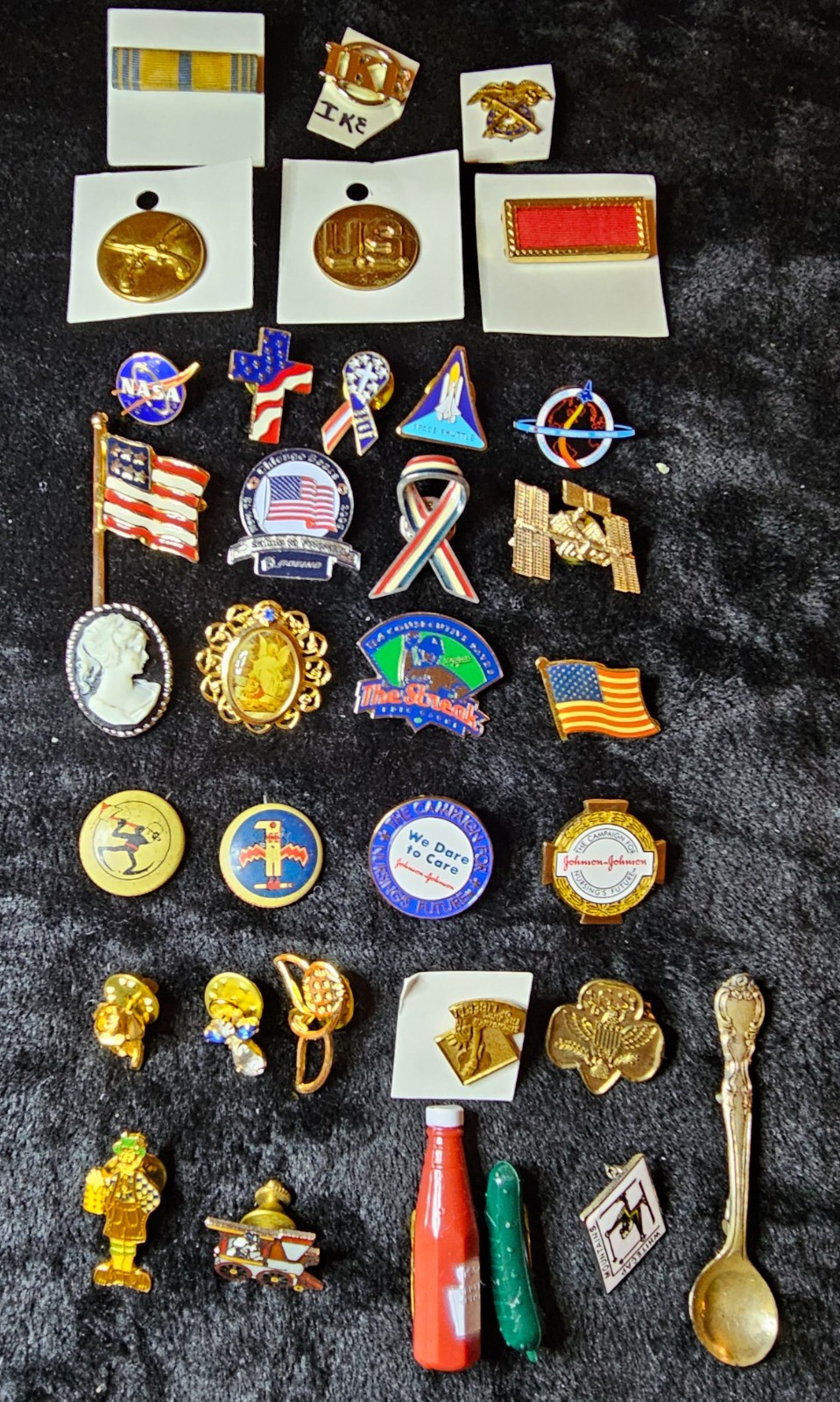 Lot of 34 Assorted Pins. Flags, Nasa, Military, Fun Pins, Brooch