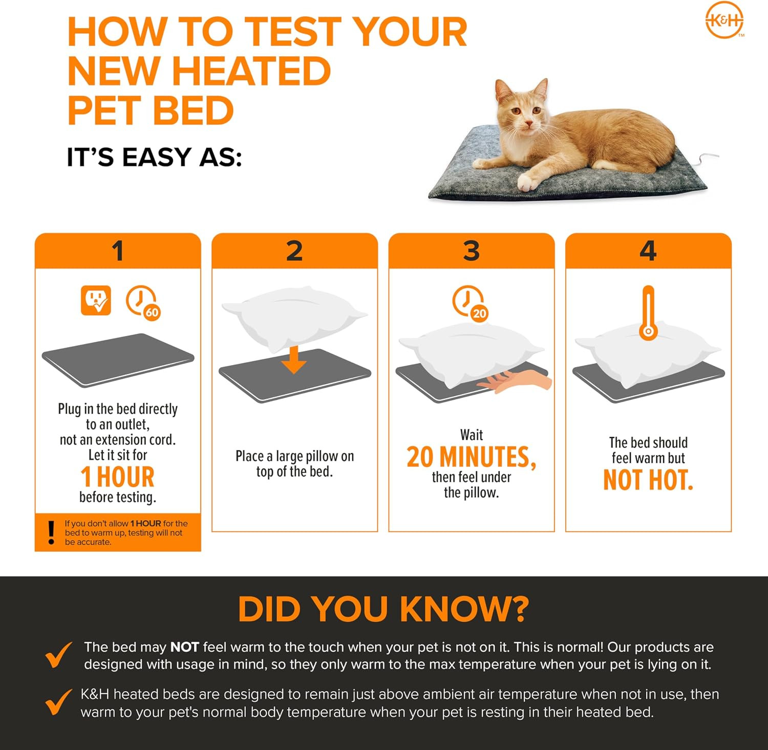 K&H Heated Cat Bed – Thermo-Kitty Pad, Washable, Safety Listed, Gray 20x15in
