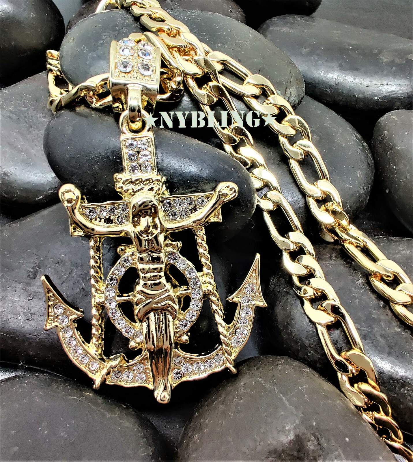 Hip Hop Gold Plated CZ Jesus Anchor Pendant with 5mm 24″ Figaro Chain Necklace