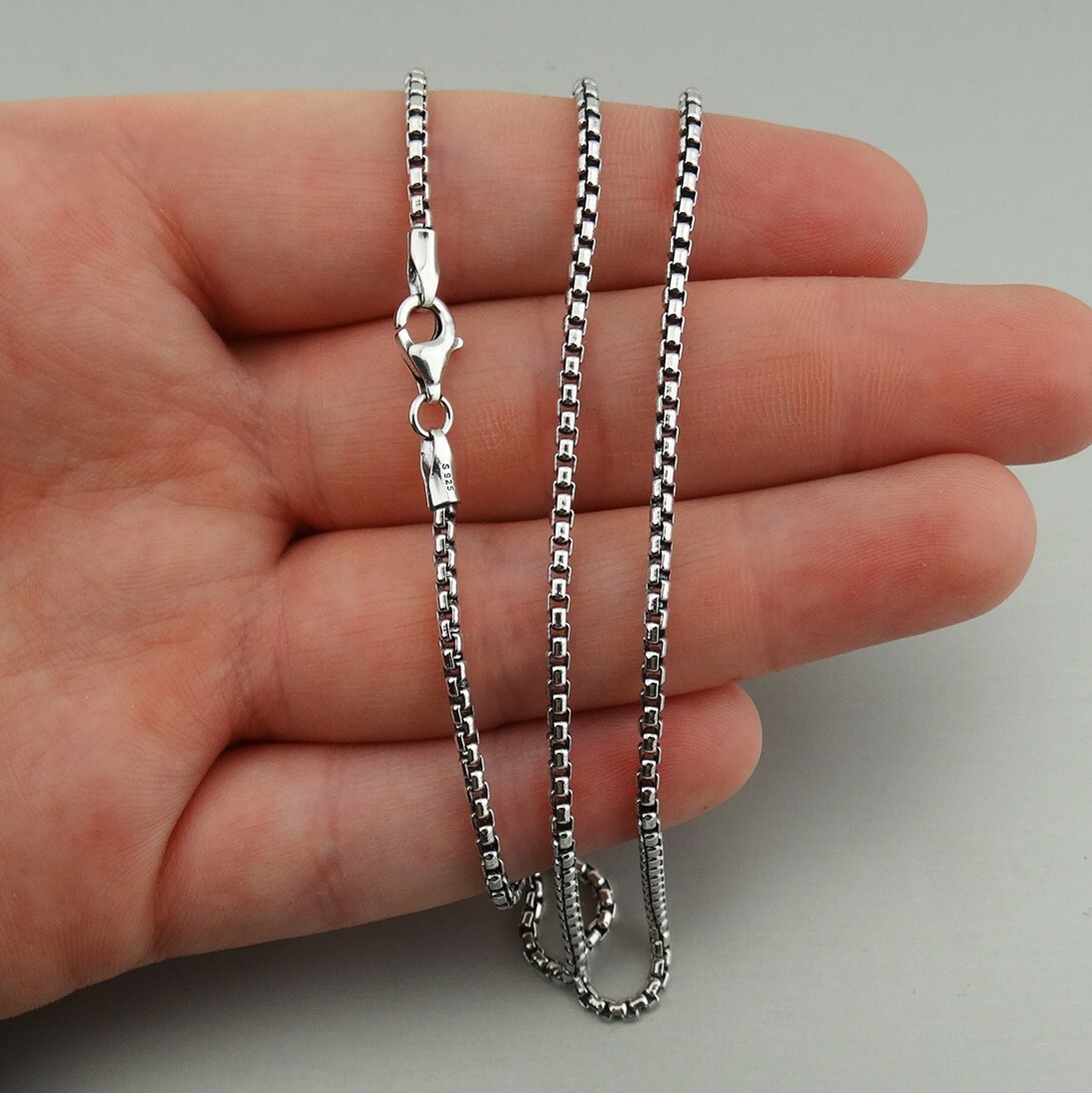 2mm Oxidized Round Box Chain Necklace – 925 Sterling Silver – Unisex 16″-30″