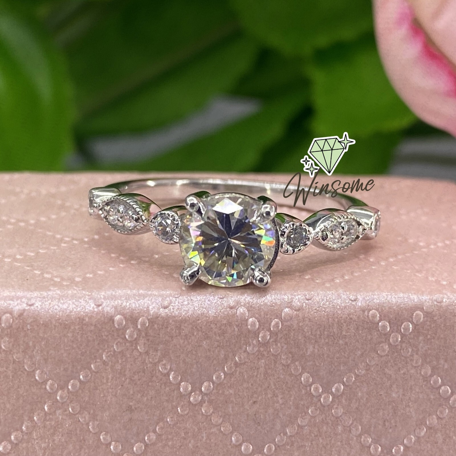 Round Moissanite Solitaire With Accents Anniversary Ring 14k White Gold Plated
