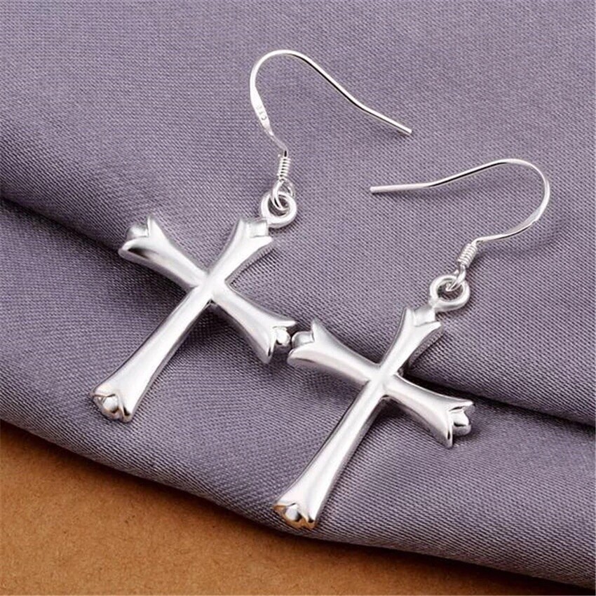 925 Sterling Silver Cross Dangle Drop Hook Hoop Earrings Men Women E37