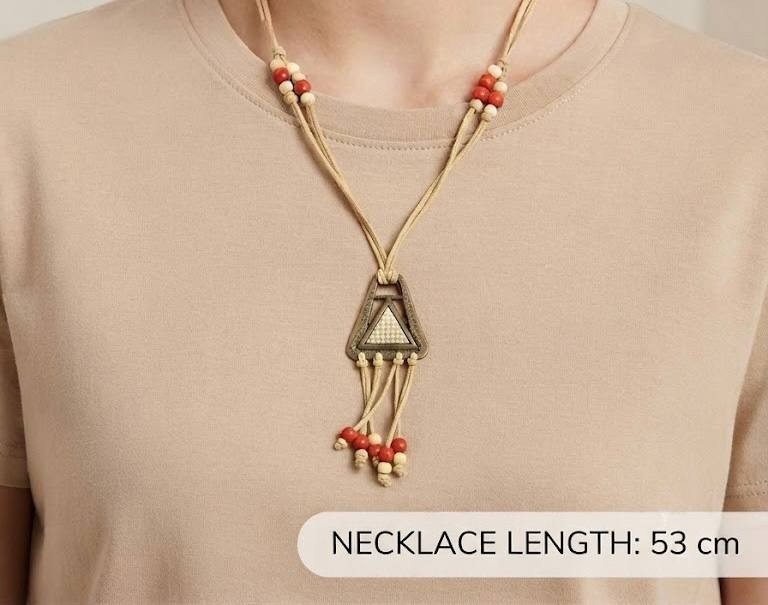 Handmade Ceramic Pyramid Pendant Necklace, Boho Tribal Beaded Cord Jewelry