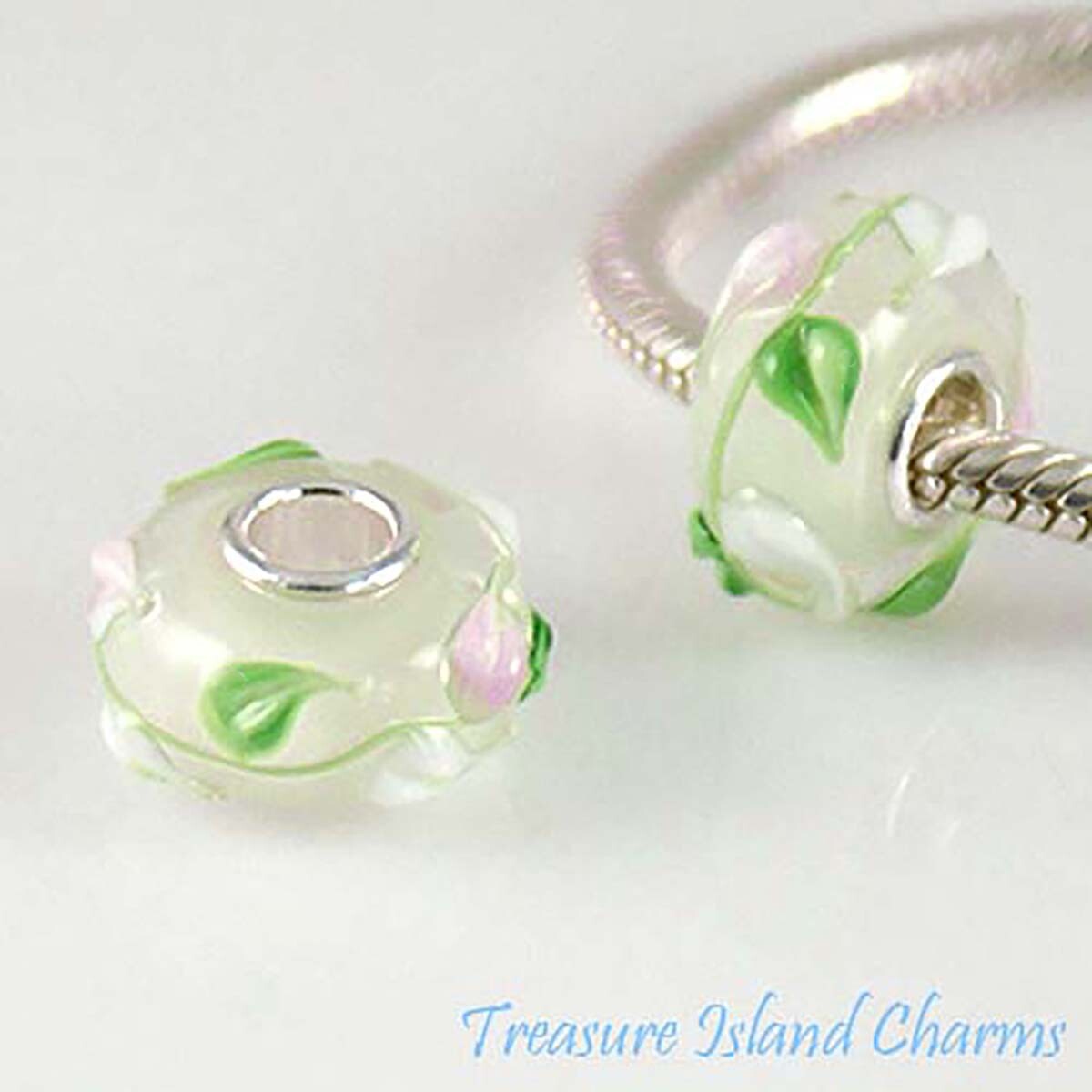 Green White Pink Leaves Lampwork Glass 925 Sterling Silver European Bead Charm
