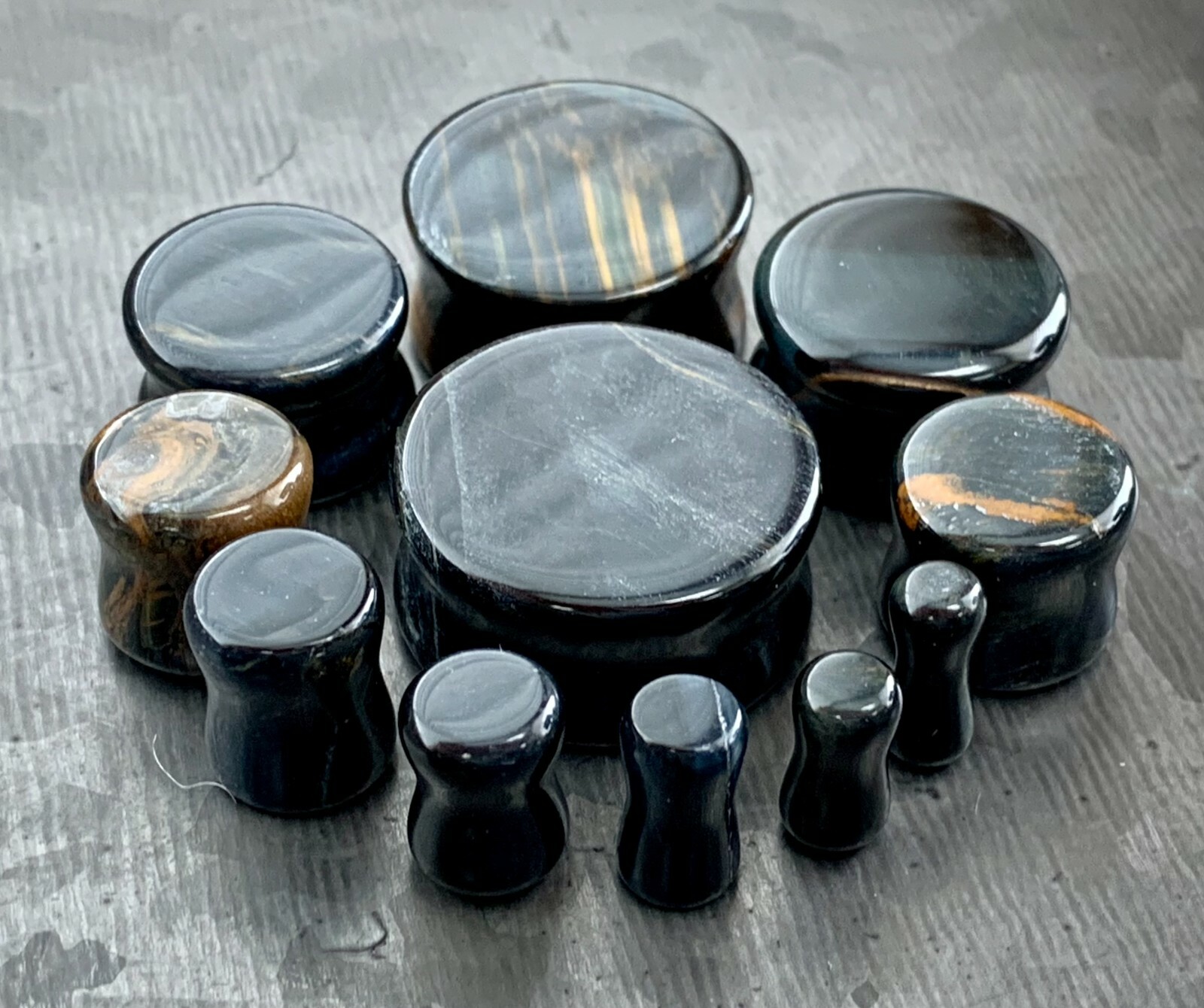 PAIR Blue Tiger Eye Organic Stone Plugs Gauges 3mm (8g) to 25mm (1″) available