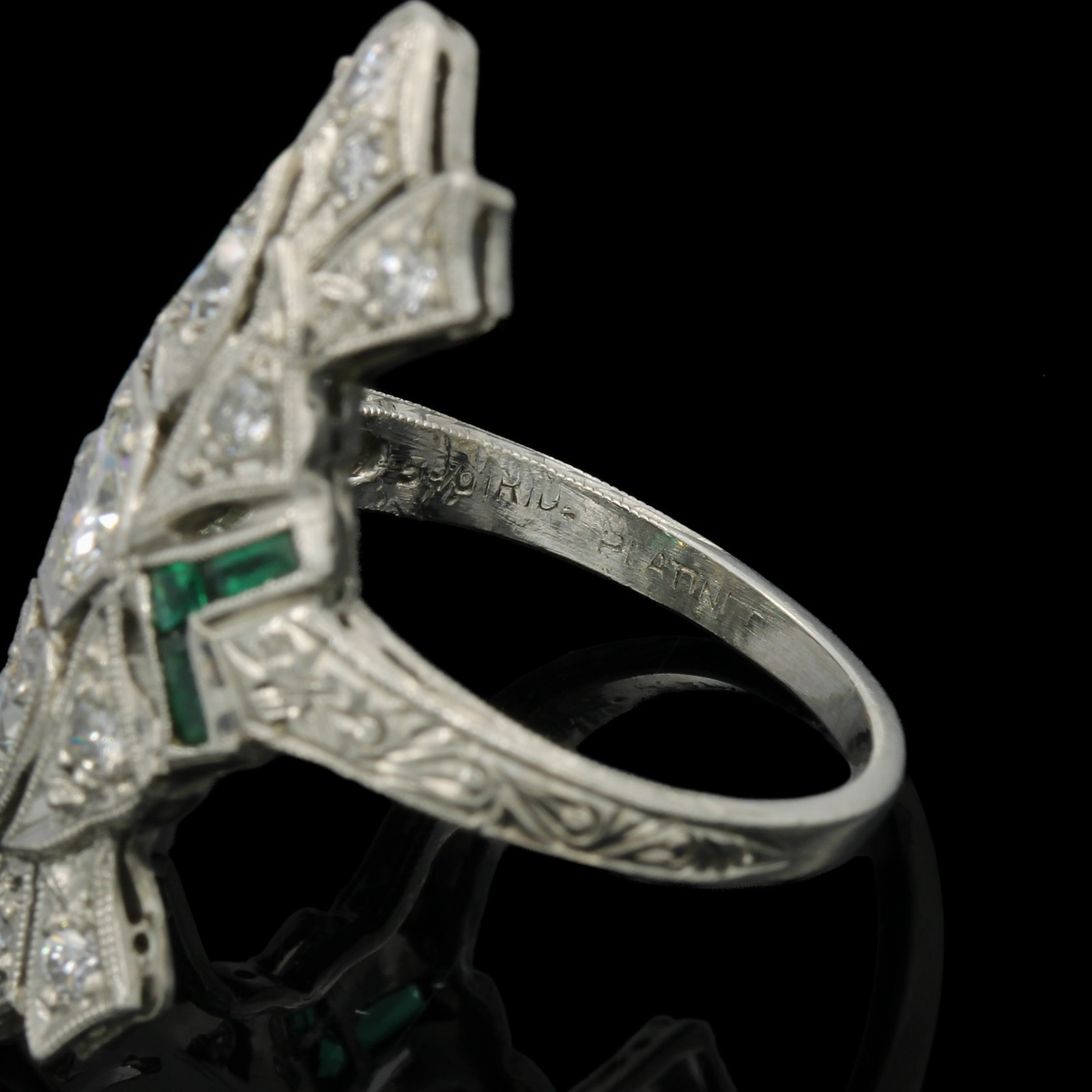 Platinum Die Struck Diamond Imitation Emerald Calibre Cut Accent Ring#E63439-1