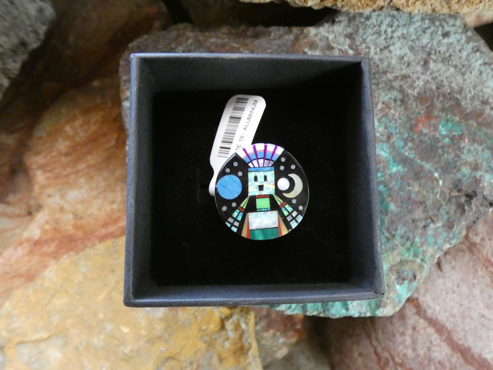 Kachina Micro Inlay Gemstone Aluminum Sterling Silver Alloy Size 10 Ring AS79