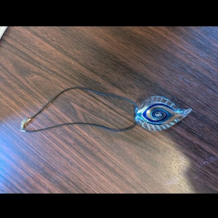 Blue/Gold Glass Leaf-Shaped Charm Pendant Cord Necklace, Lobster Closure