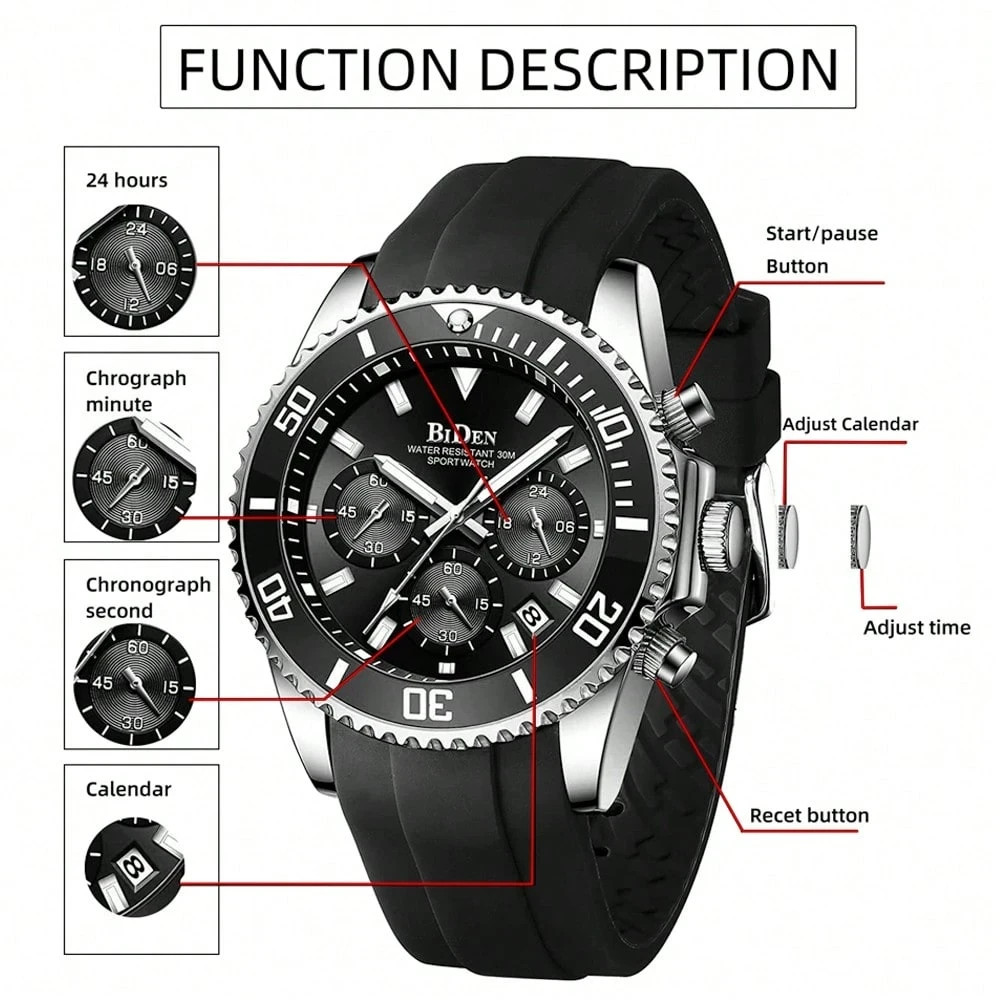 Men’s Diving Bezel Chronograph Watch Water-Resistant Rubber Strap Simulated Date