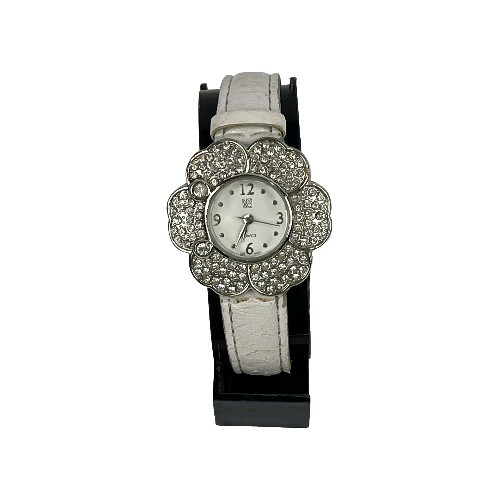 NYC Women’s Silver Tone Crystal Accent Flower Case White Faux Leather Band Watch