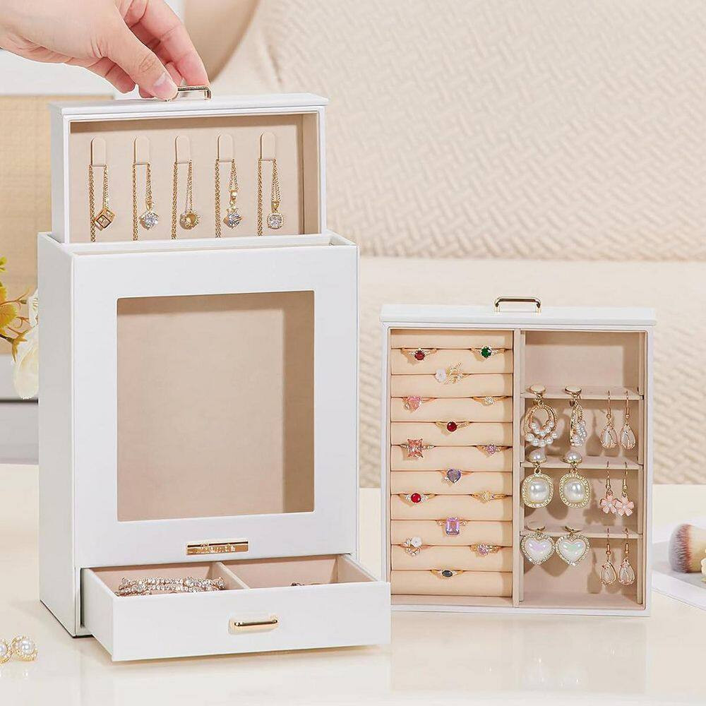 White 7 In. X 9 In. Polyurethane Modern Jewelry Box with 3-Drawers