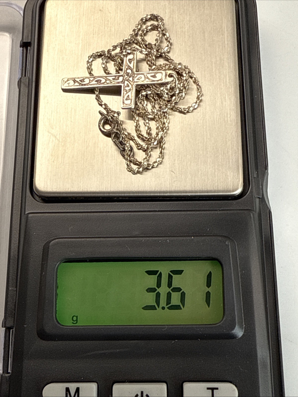 STERLING SILVER Cross Pendant 1 1/8” w/ 1mm Width 18″ Chain 3.61g