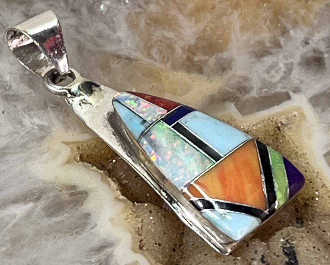 Turquoise Multi Stone Inlay Sterling Silver Pendant NAVAJO Trevor Jack Signed