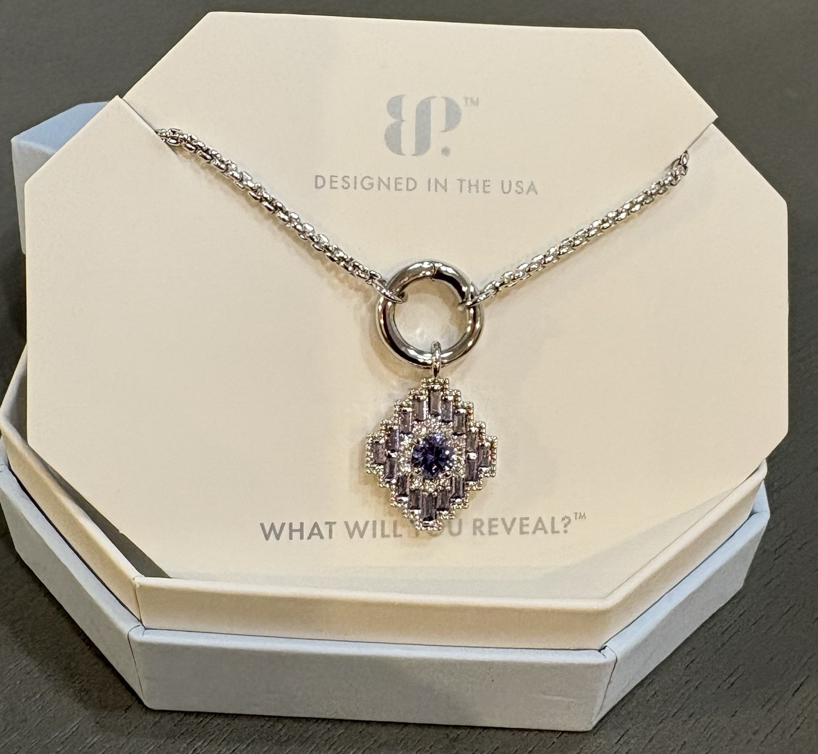 BP Rhodium Plated Light Tanzanite CZ Asymmetrical Charm Necklace 18″ NK61712