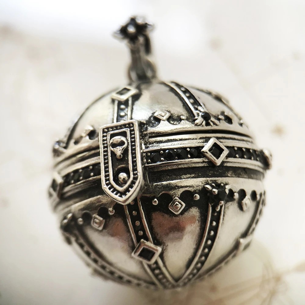 Ornate Medieval Orb Pendant 925 Silver Black Stone Pavé Crown Sphere Charm