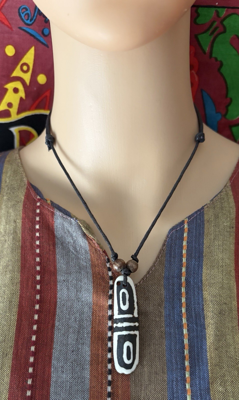 Rectangle Pendant Necklace Black Cord Black White Brown Beaded Adjustable Tie