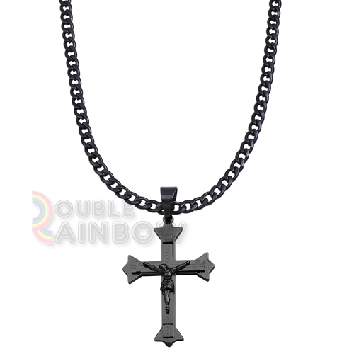 P27 24″Stainless Steel 316L Solid Black Jesus Cross Pendant Cuban Chain Necklace
