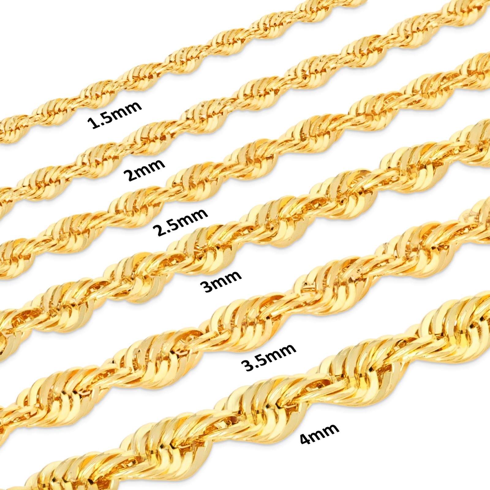 14K Yellow Gold 1mm-4mm Light Diamond Cut Rope Chain Necklace Men Women 16″- 30″