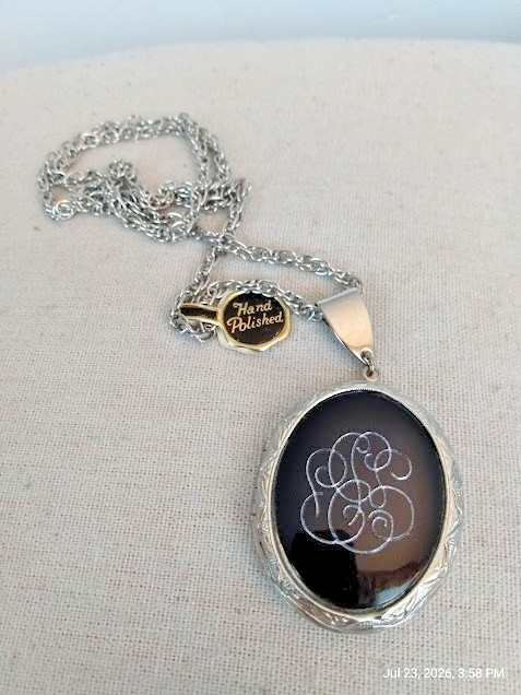 Silver Tone Vintage Oval Hand Polished Black Front Monogramed Keepsake Locket