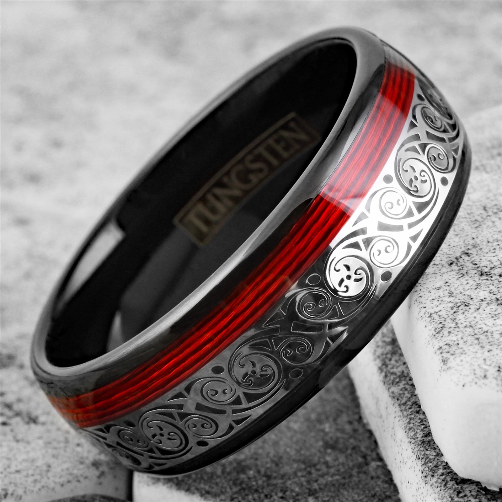 Black Men’s Tungsten Carbide Clockwork Gears & Red Wire Wedding Band Ring
