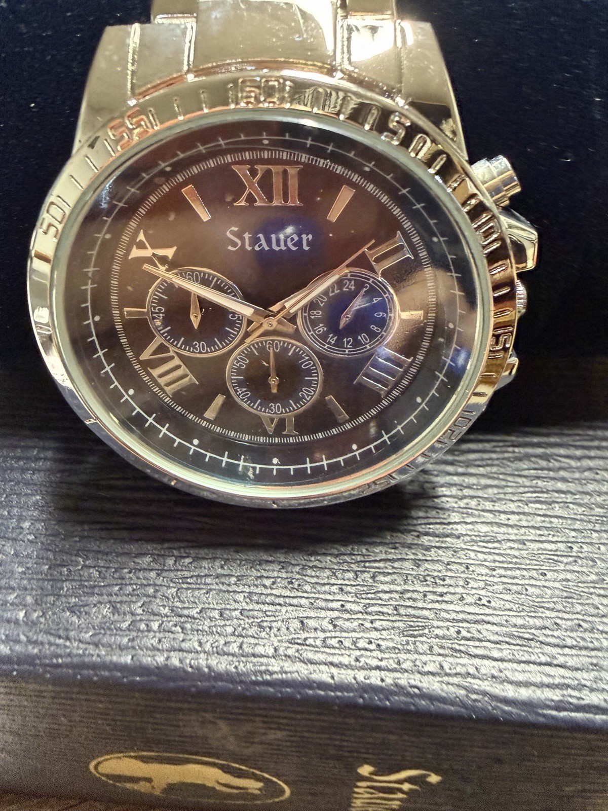 Stauer Chronograph Watch Mens OS Silver Black Tachymeter Dial Stainless Steel