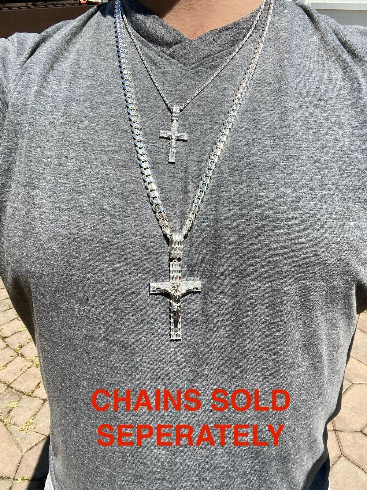 Solid 925 Sterling Silver Cross W. Jesus Pendant Baguette Iced CZ Necklace Big