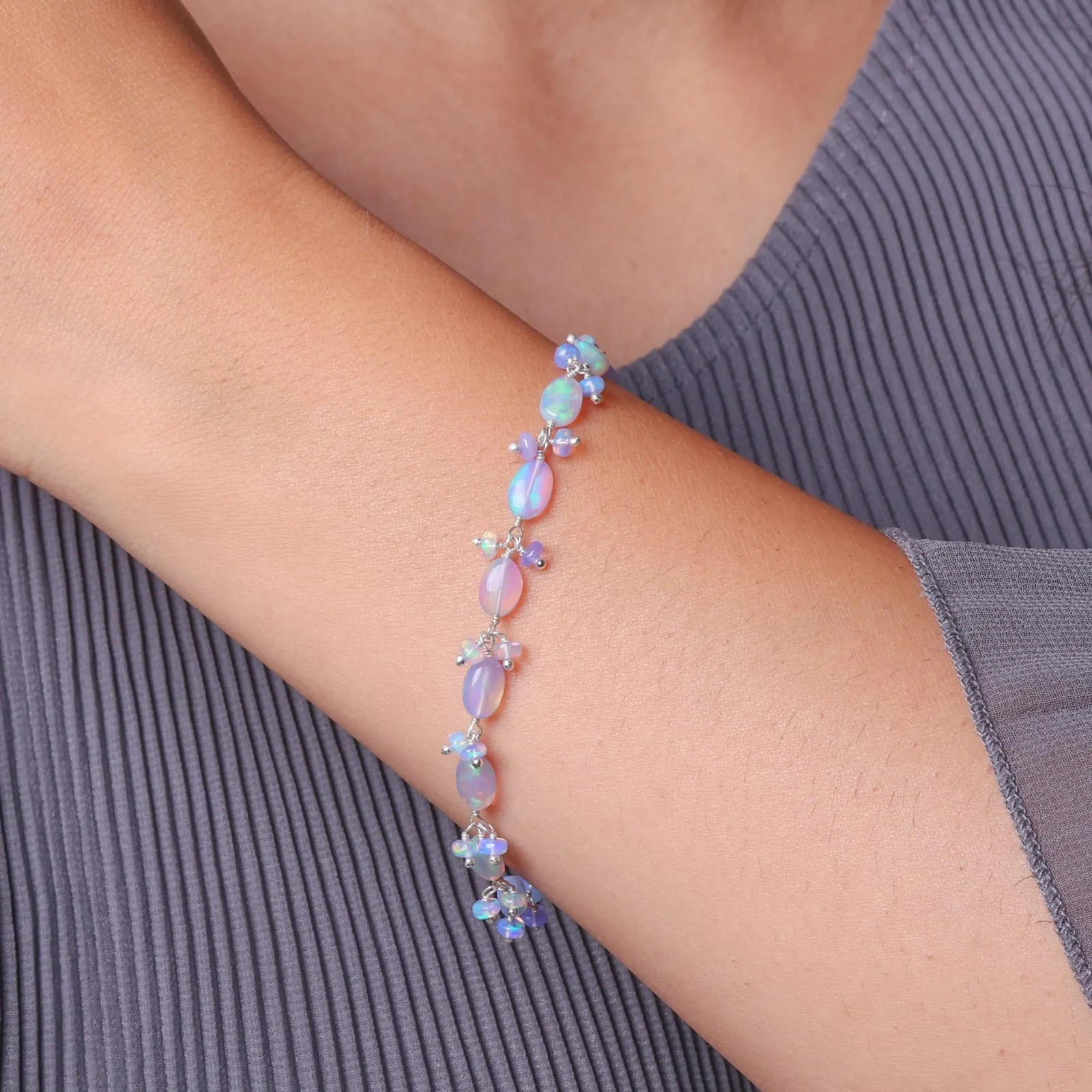 Fire Blue Opal Gemstone Tumble Beads Bracelet, Genuine Ethiopian Opal Bracelet