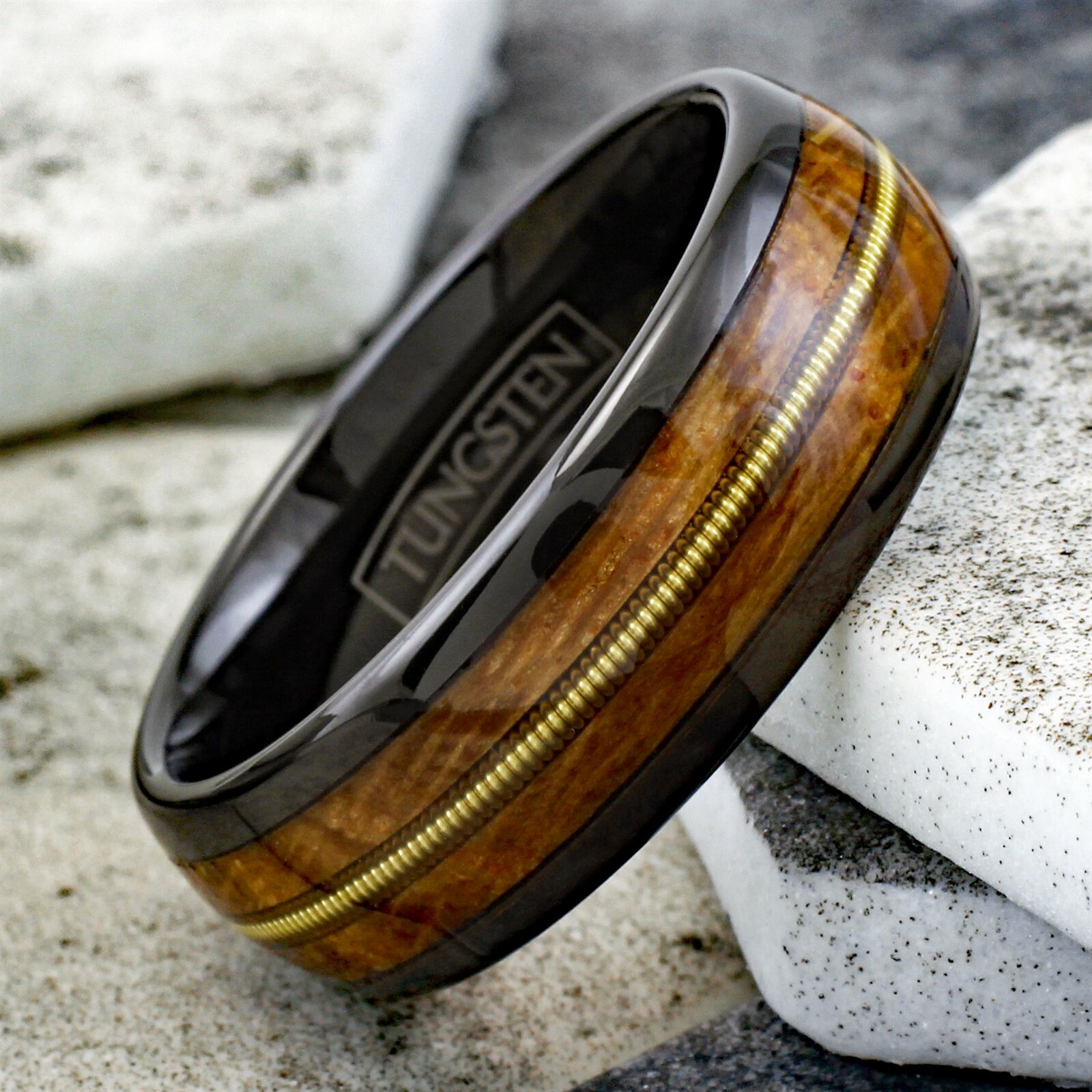 Engraved 8mm Black Tungsten Whiskey Barrel Wood w/ Guitar String Men’s Band Ring