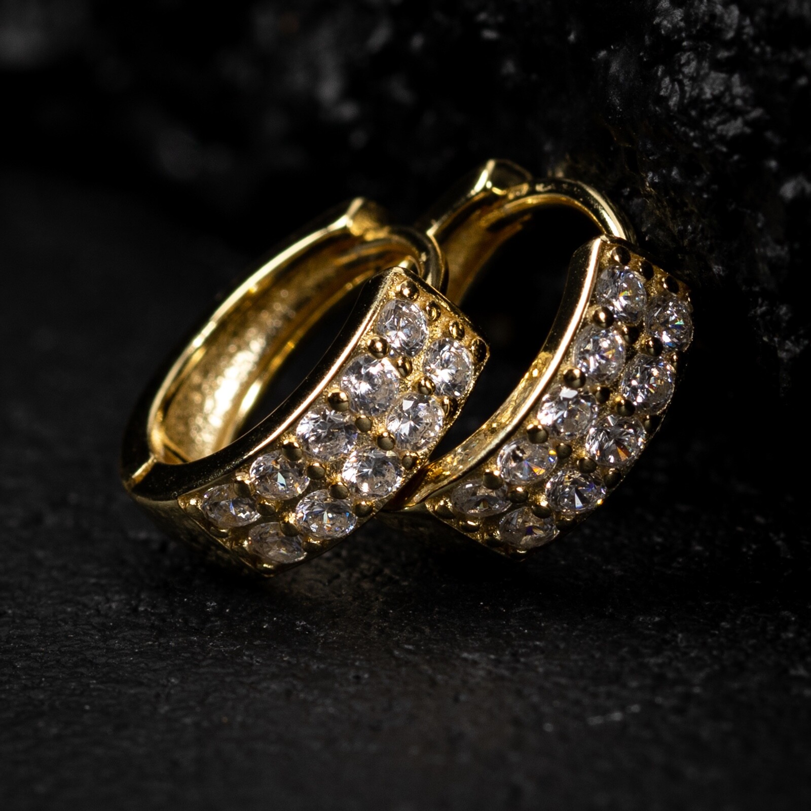 Men’s Iced Two Row Cz Yellow Gold Plated Sterling Silver Huggie Hoop Earrings