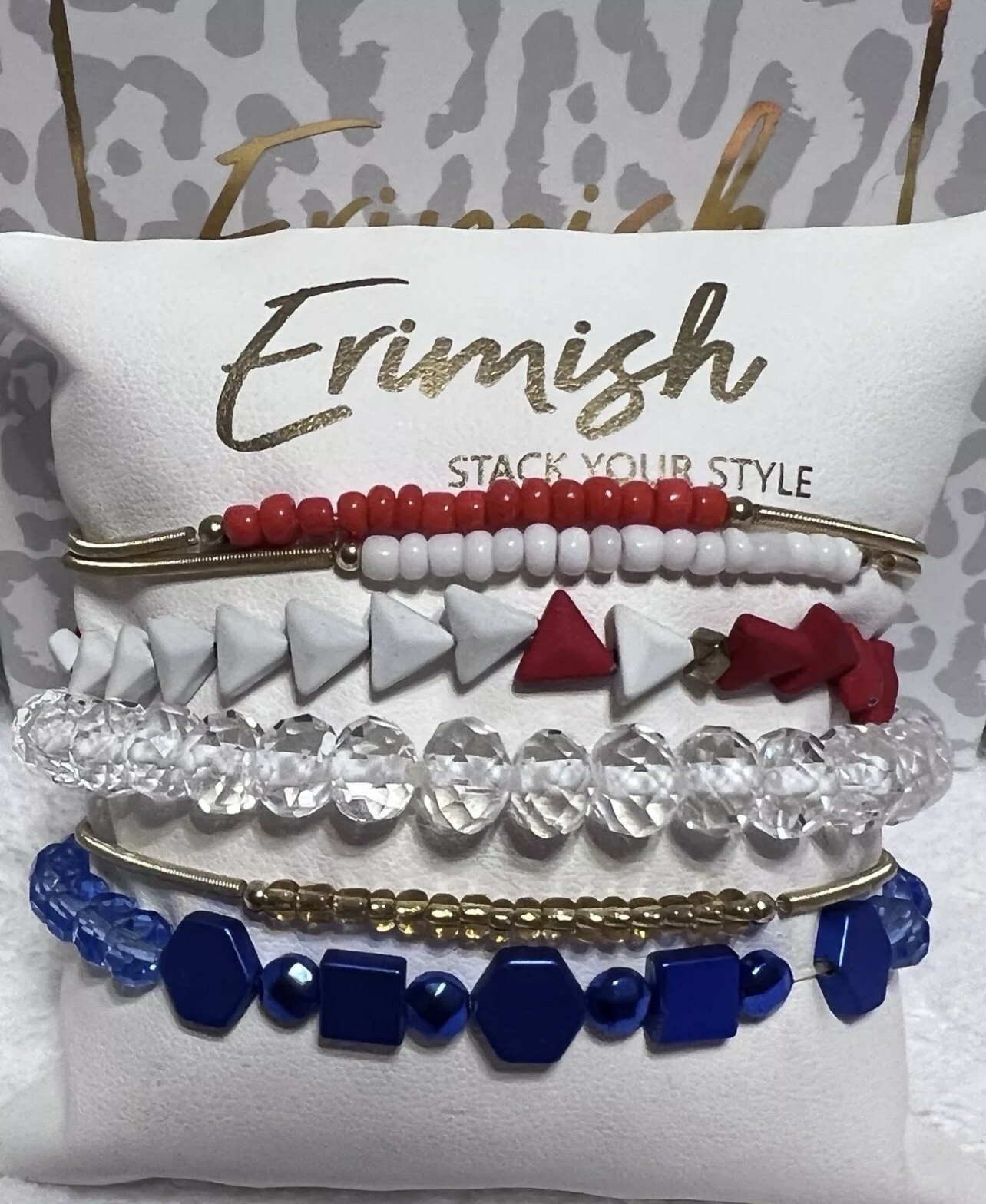 Two Brand New! ERIMISH Bracelets – 6 pc Stack – Red, White & Blue