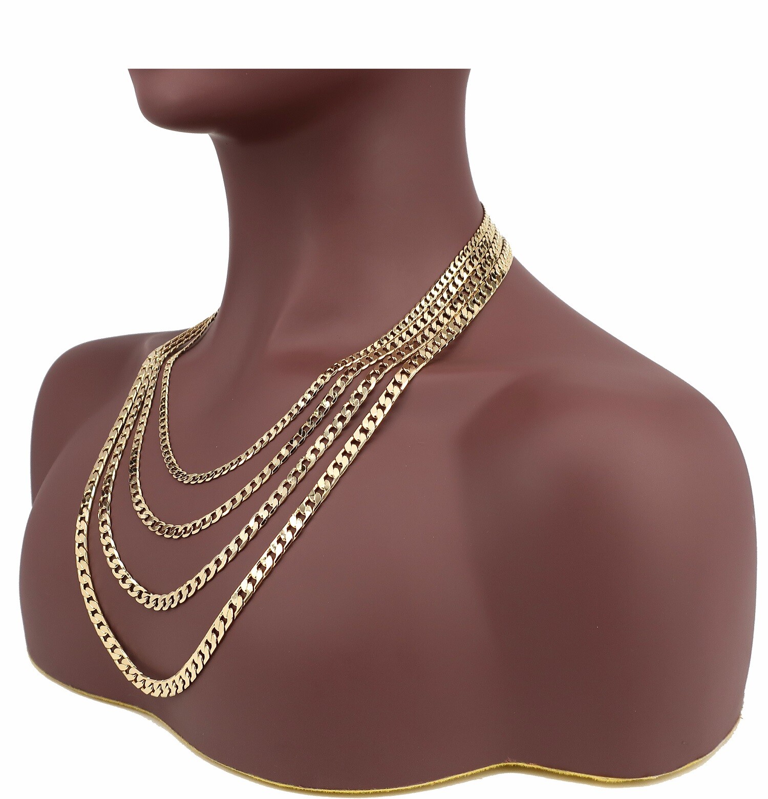 Yellow Flat Cuban link Chain Necklace Bracelet 3.5mm to 6mm 14K Gold Plated