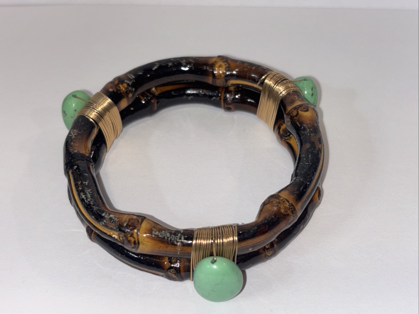 Tortoiseshell Look Bamboo Wrap Bracelet Green Cabochon Boho Statement Cuff